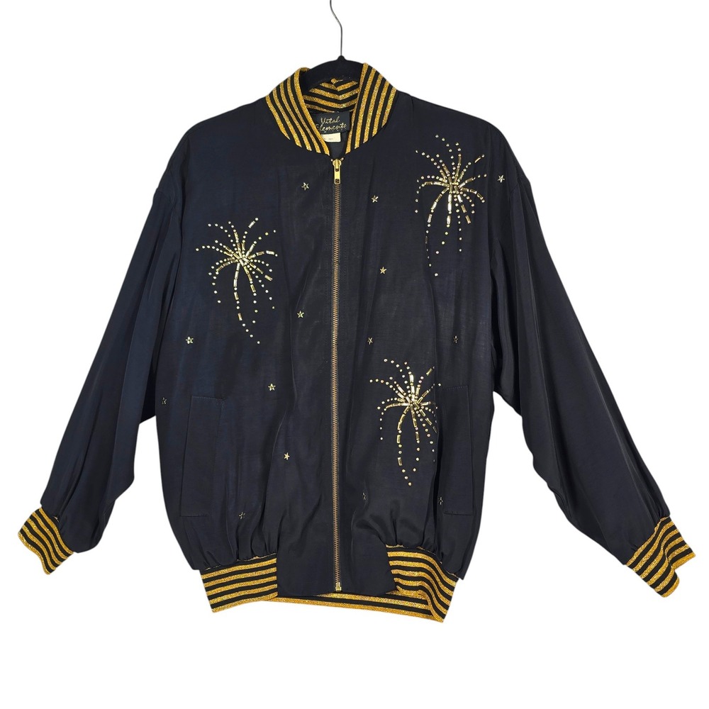 Vital Elements New York Vintage Black Gold Firework Beaded Bomber Jacket Small